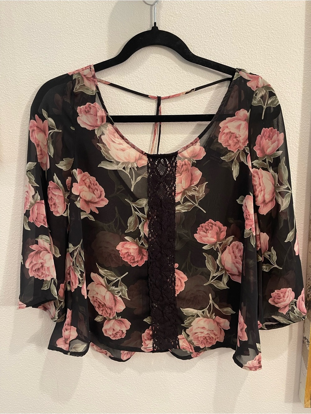 Forever 21 Black Sheer Blouse with Pink Rose Print